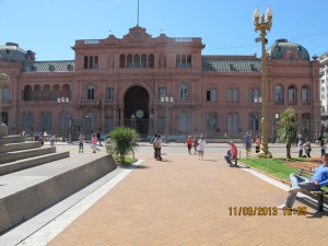 Old government building in Plaza de Mayo (centre of city). Building was covered in clay mixed with cows blood hence the pink colour.