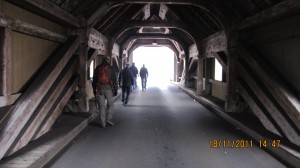 Walking through a covered bridge over the Rhine