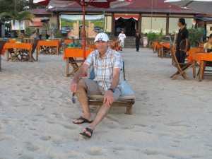 Me in eatery strip on Jimbaran Beach south of Kuta