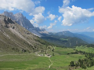 Looking down the Val di Funes from Schluterhutte