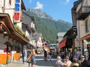 View of Alps from main street of Chamonix